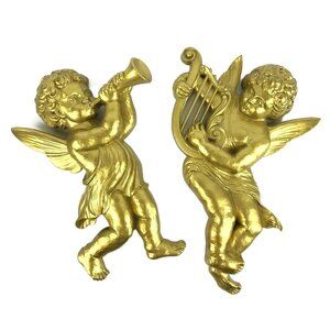 Vintage Syroco 2 Gold Cherubs Angels 4775 Harp Trumpet Plastic Wall Decor 1963